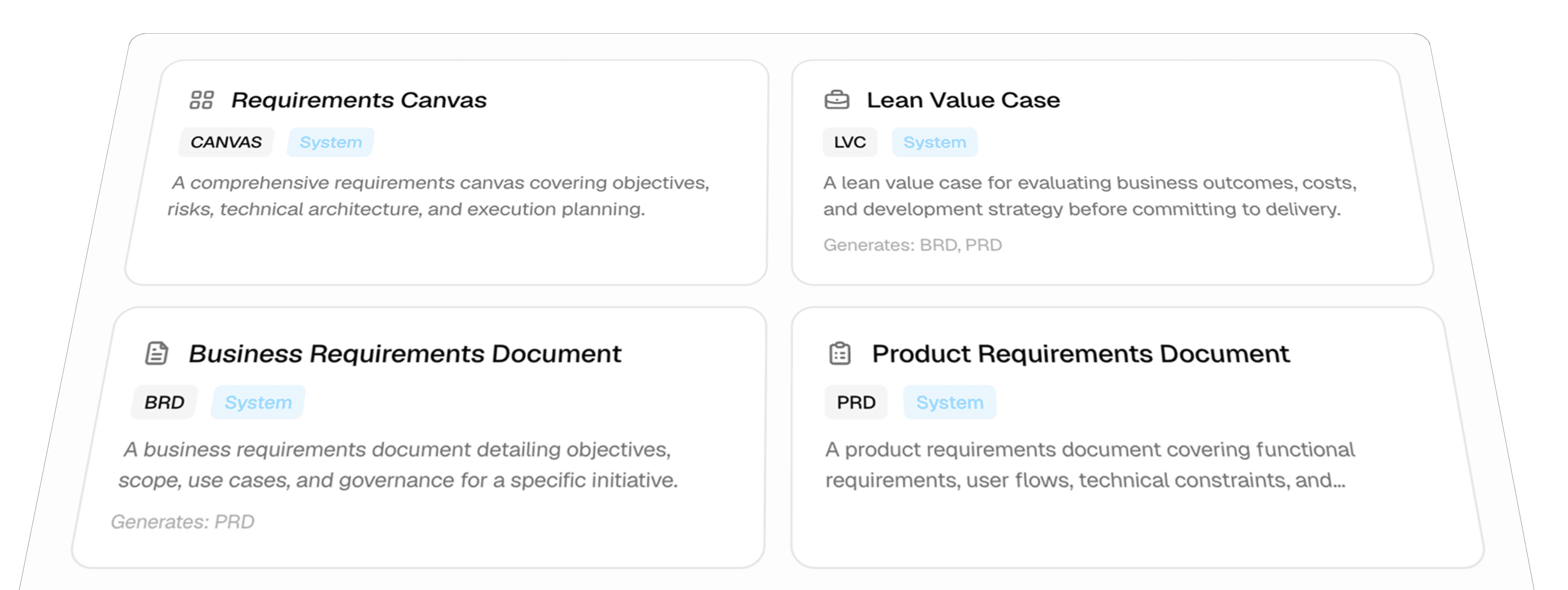 Custom artefact cards showing Requirements Canvas, Lean Value Case, BRD and PRD types.