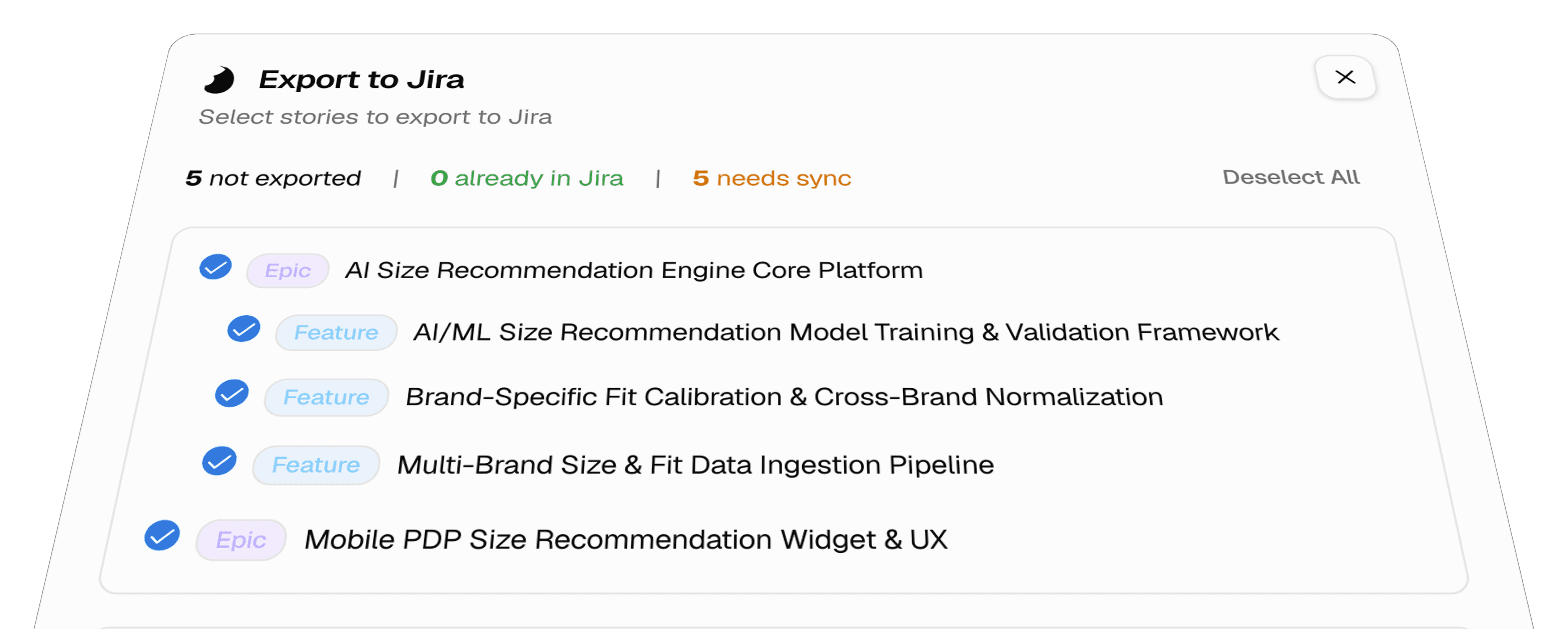Export to Jira modal showing selected epics and features ready to sync.