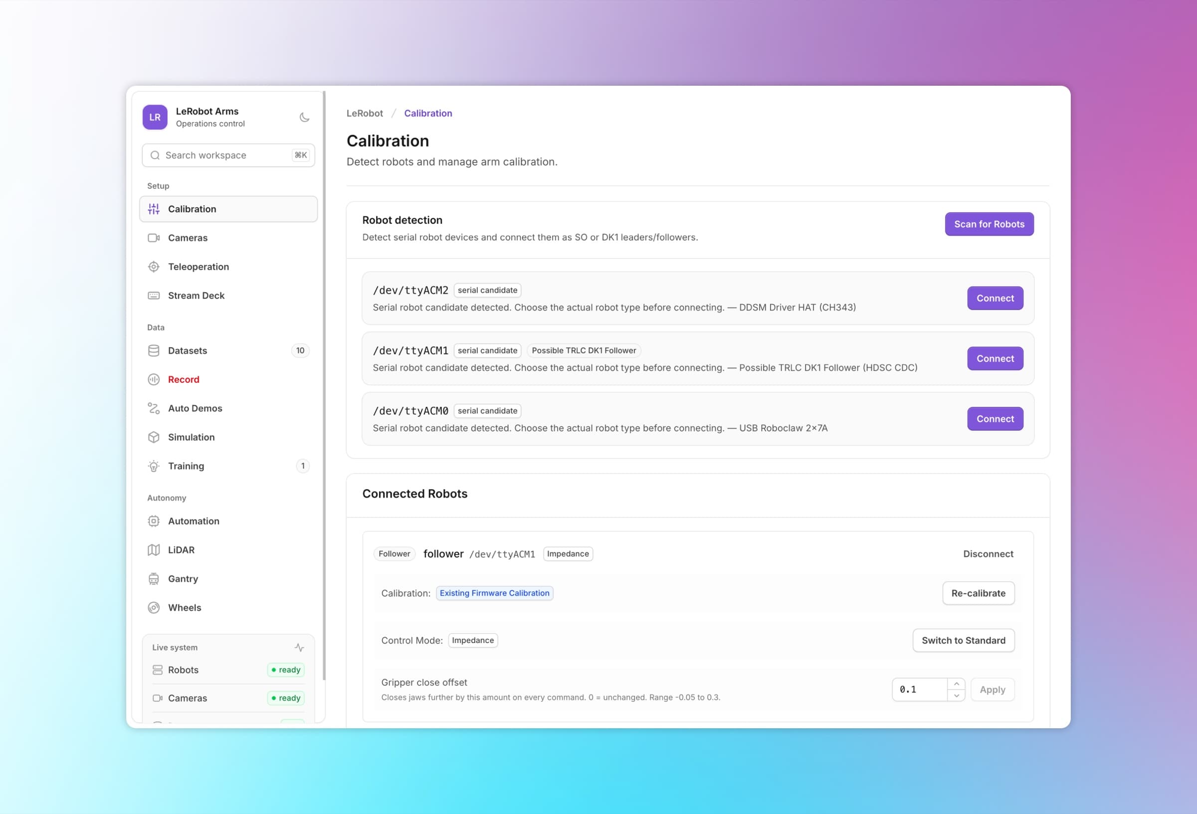 LeRobot Arms calibration interface
