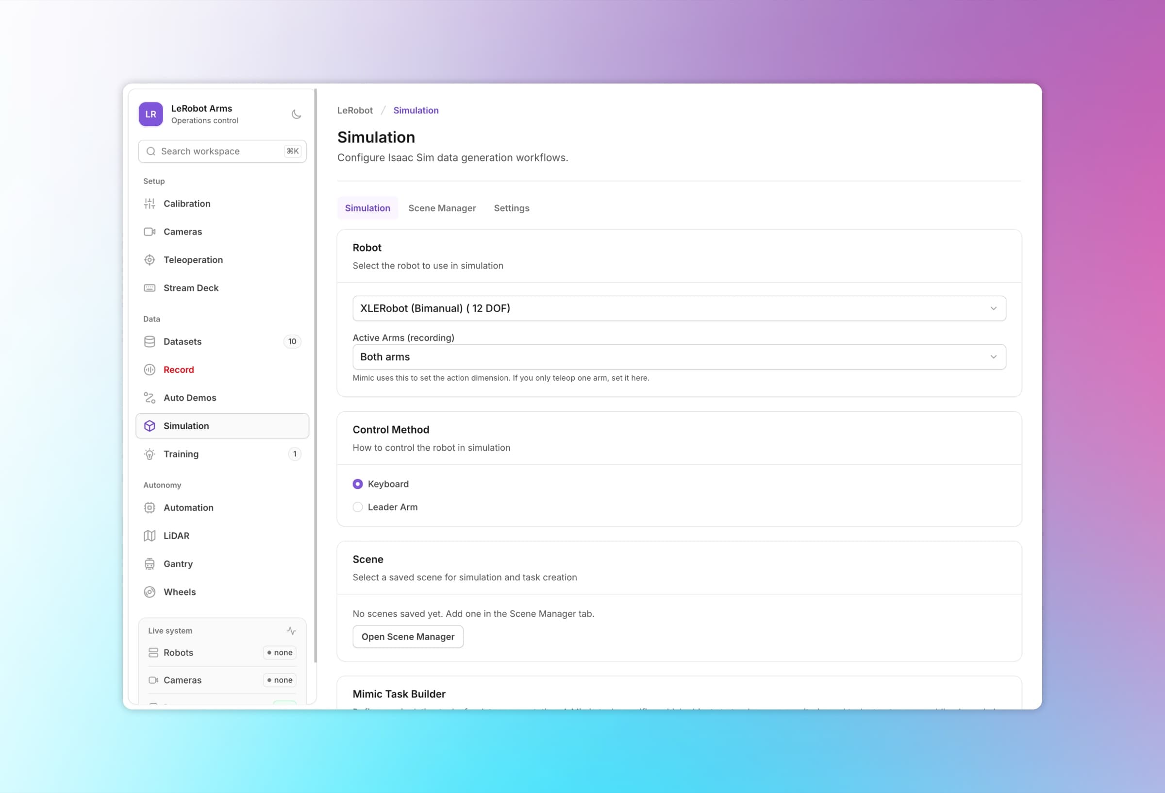 LeRobot Arms simulation interface